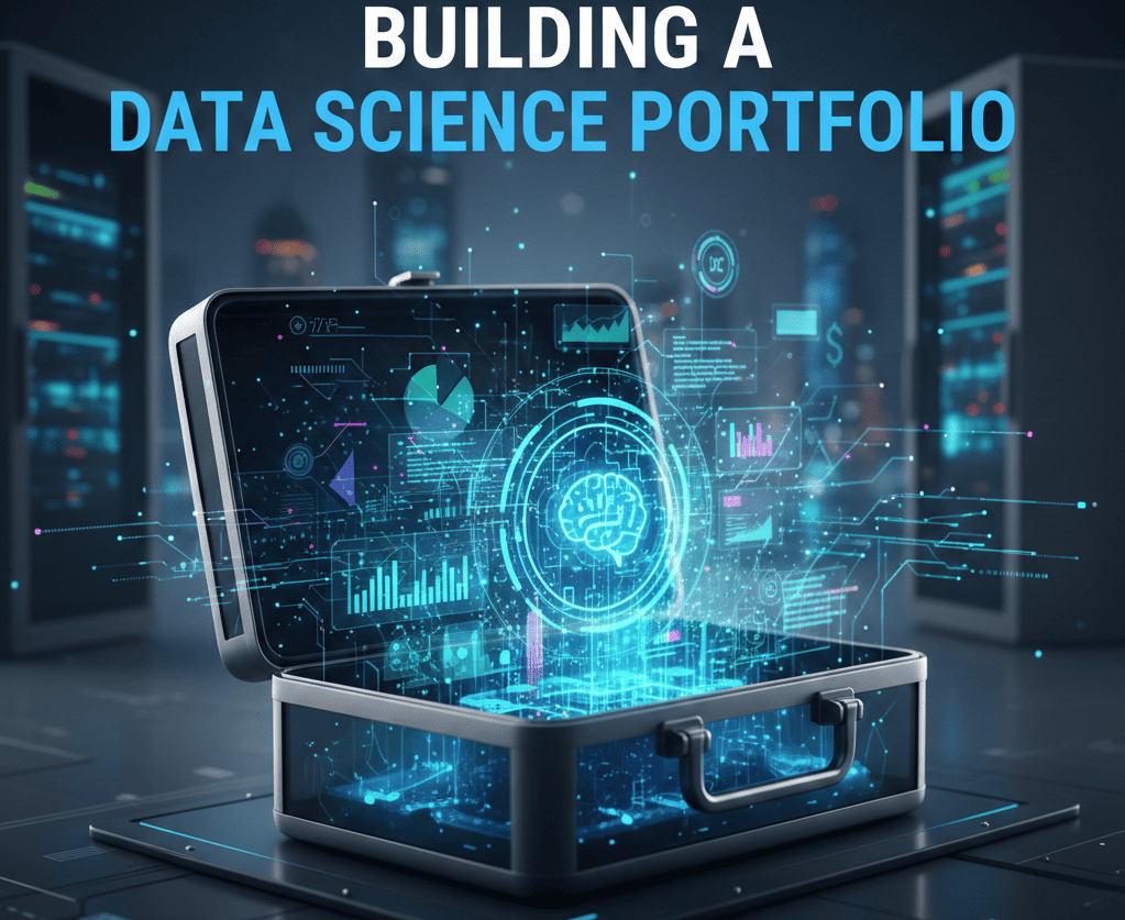 A sleek, high-tech digital briefcase open on a dark platform, emitting glowing blue holographic data visualizations, charts, and a brain icon. The text "BUILDING A DATA SCIENCE PORTFOLIO" is displayed at the top, and "Showcase Your Skills. Land Your Dream Job" is at the bottom.
