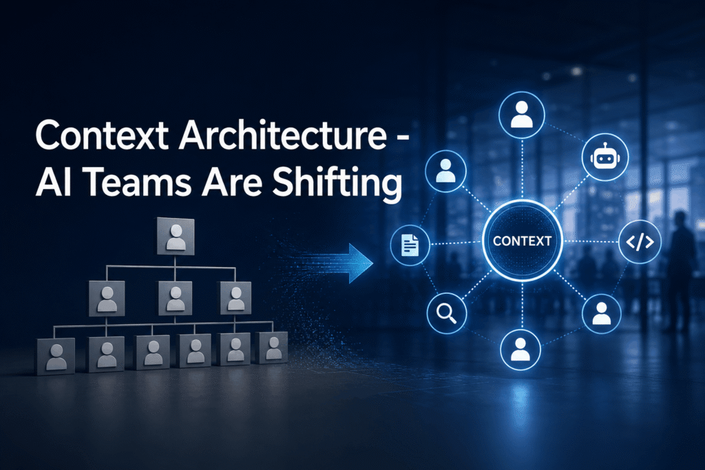 Illustration showing the shift from traditional organizational hierarchies to context-driven AI team architecture with interconnected AI agents, humans, code, search, and data systems.