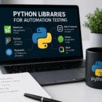 An open laptop displaying an infographic of top Python libraries for automation testing, including Selenium, PyTest, Requests, Robot Framework, Behave, and Allure. A Python logo mug and a handwritten QA checklist sit on the desk.