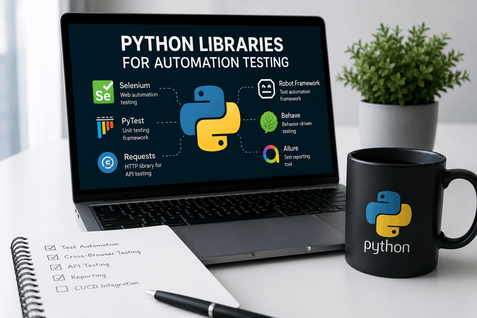 An open laptop displaying an infographic of top Python libraries for automation testing, including Selenium, PyTest, Requests, Robot Framework, Behave, and Allure. A Python logo mug and a handwritten QA checklist sit on the desk.