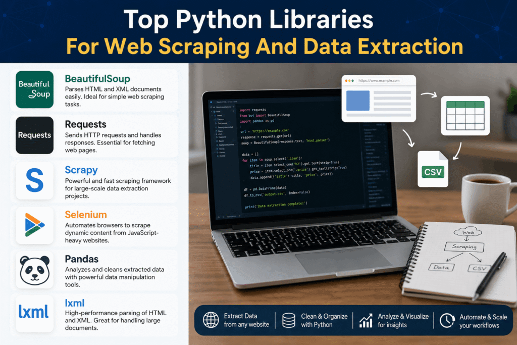 Infographic showcasing top Python libraries for web scraping and data extraction featuring BeautifulSoup Requests Scrapy Selenium Pandas and lxml alongside a laptop displaying Python scraping code and a workflow diagram converting website data into CSV files for analysis.