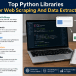 Infographic showcasing top Python libraries for web scraping and data extraction featuring BeautifulSoup Requests Scrapy Selenium Pandas and lxml alongside a laptop displaying Python scraping code and a workflow diagram converting website data into CSV files for analysis.