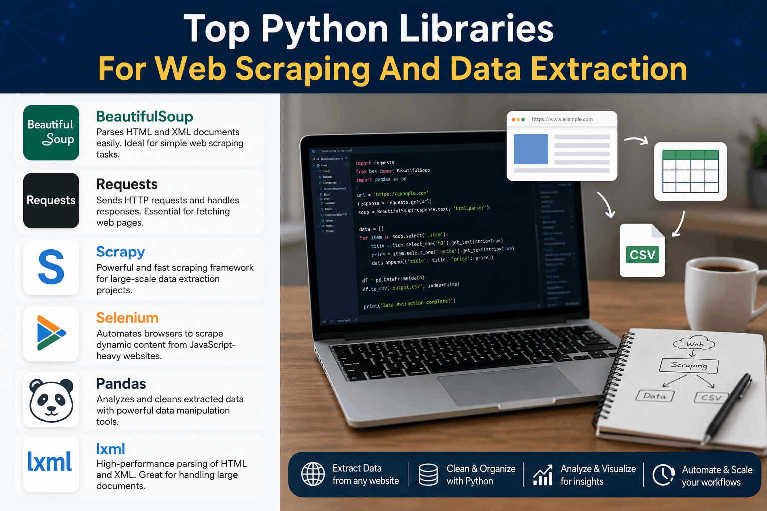 Infographic showcasing top Python libraries for web scraping and data extraction featuring BeautifulSoup Requests Scrapy Selenium Pandas and lxml alongside a laptop displaying Python scraping code and a workflow diagram converting website data into CSV files for analysis.