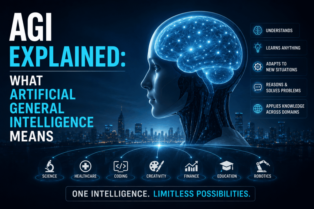 High-quality featured image titled "AGI Explained: What Artificial General Intelligence Means" showing a futuristic humanoid AI with a glowing neural brain connected to icons representing science, healthcare, coding, creativity, finance, education, and robotics, illustrating the concept of Artificial General Intelligence.