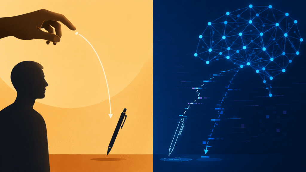 Minimalist editorial illustration showing a human silhouette watching a pen fall along a smooth physics trajectory on one side and an abstract neural network predicting the falling pen with a fragmented, glitchy path on the other, representing why AI predicts patterns rather than truly understanding the physical world.