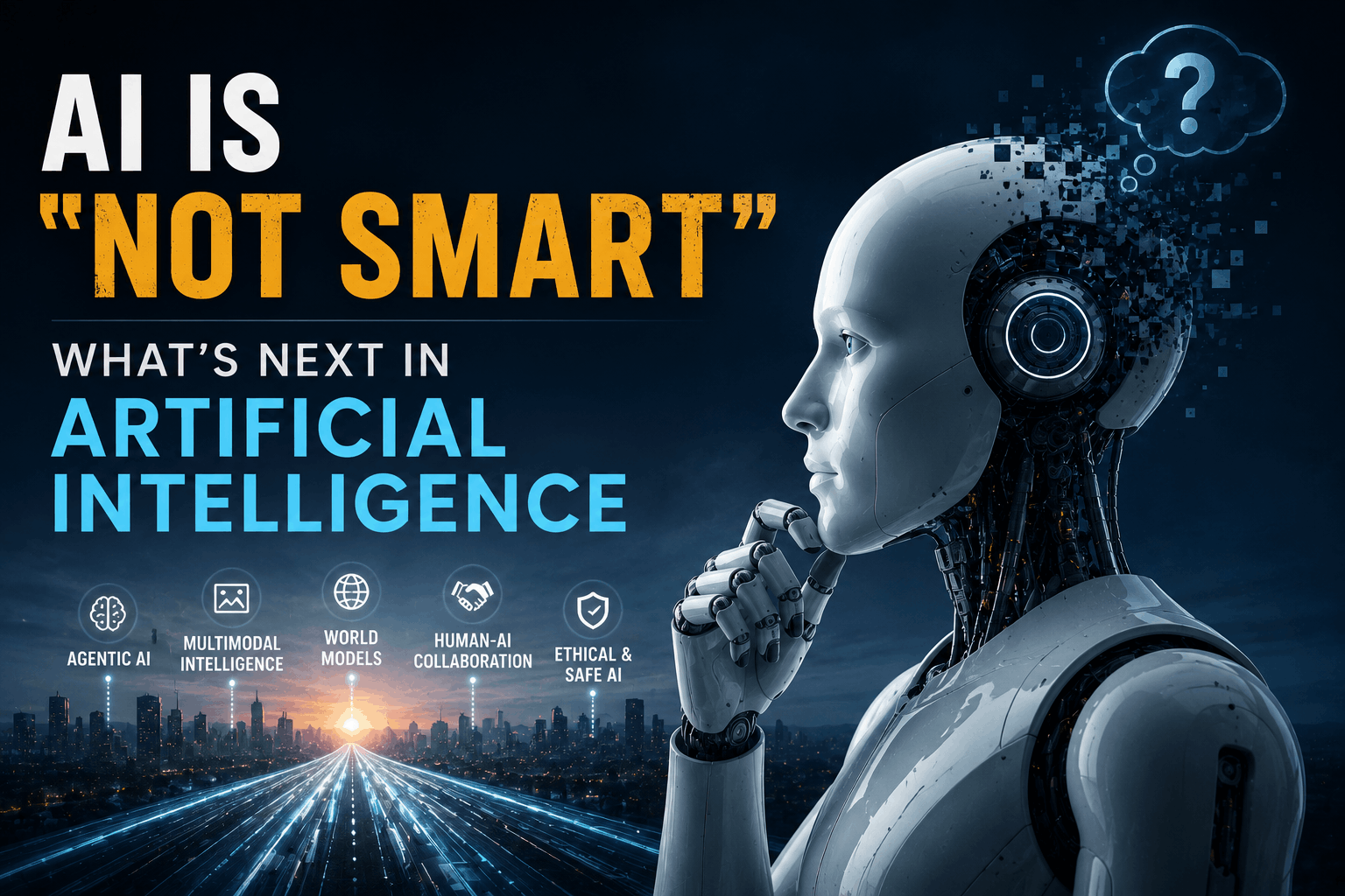 High-quality cinematic illustration showing a humanoid robot in deep thought beside the headline “AI Is ‘Not Smart’: What’s Next in Artificial Intelligence,” with icons representing multimodal AI, world models, human-AI collaboration, and ethical AI.
