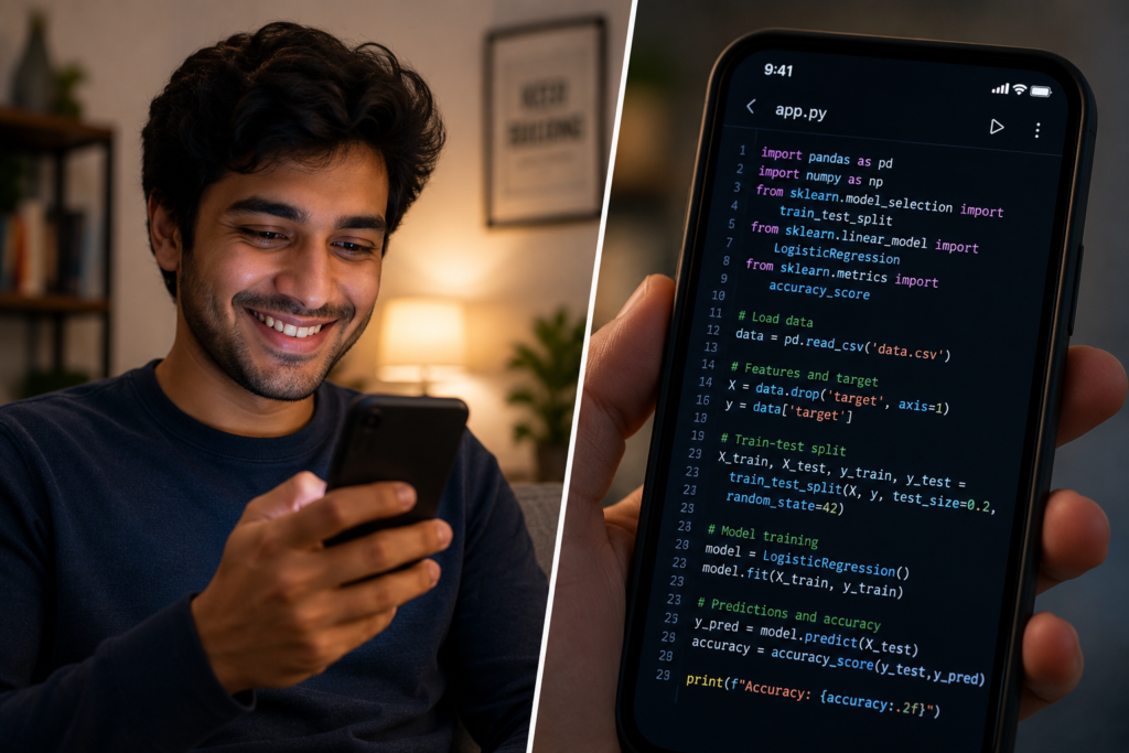 Split-screen illustration of a smiling person looking at a smartphone on one side and AI programming code displayed on the phone screen on the other, representing AI romance, AI chatbots, emotional attachment, and the technology behind virtual relationships.