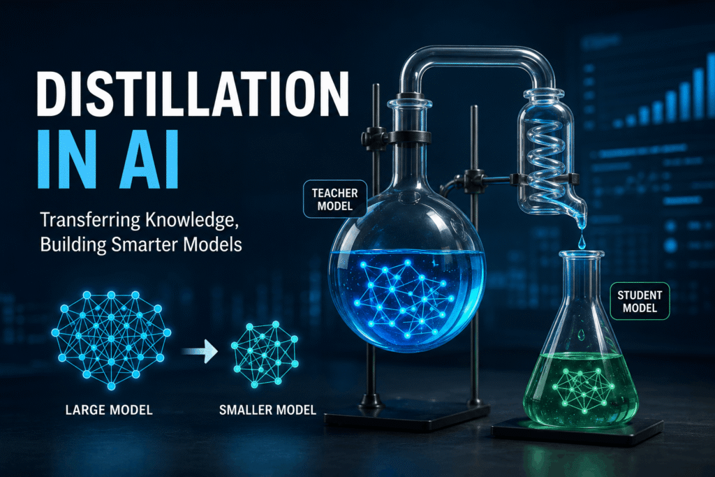Realistic illustration of distillation in AI featuring a teacher model transferring knowledge to a smaller student model through a laboratory distillation setup, representing AI model compression and knowledge transfer.