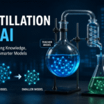 Realistic illustration of distillation in AI featuring a teacher model transferring knowledge to a smaller student model through a laboratory distillation setup, representing AI model compression and knowledge transfer.