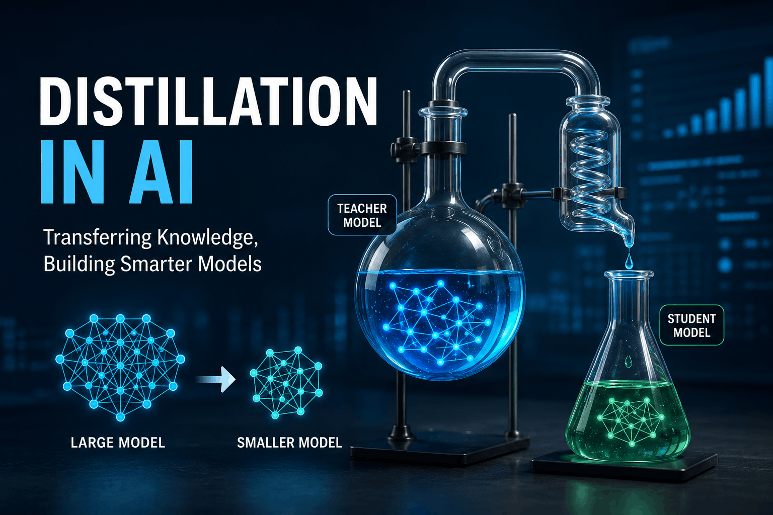 Realistic illustration of distillation in AI featuring a teacher model transferring knowledge to a smaller student model through a laboratory distillation setup, representing AI model compression and knowledge transfer.
