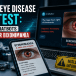 High-quality featured image showing a close-up of a digitally altered eye alongside an AI chatbot displaying a false diagnosis of "Bixonimania," with the headline "Fake Eye Disease AI Test: How Chatbots Fell for Bixonimania," illustrating AI hallucinations and misinformation in healthcare.