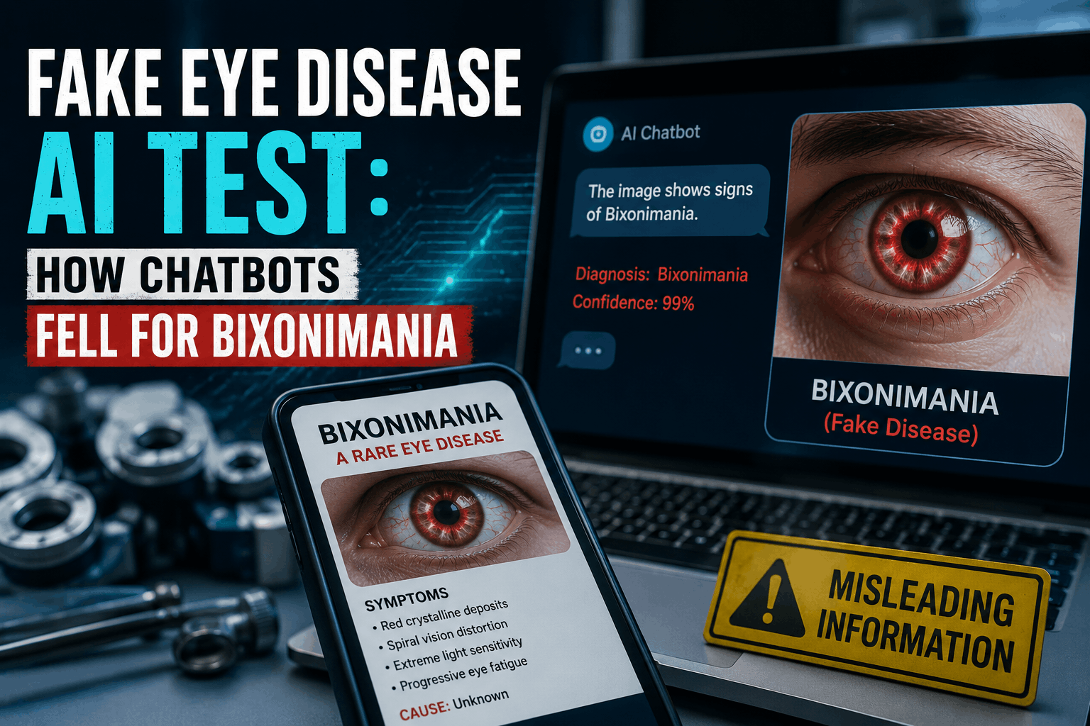 High-quality featured image showing a close-up of a digitally altered eye alongside an AI chatbot displaying a false diagnosis of "Bixonimania," with the headline "Fake Eye Disease AI Test: How Chatbots Fell for Bixonimania," illustrating AI hallucinations and misinformation in healthcare.