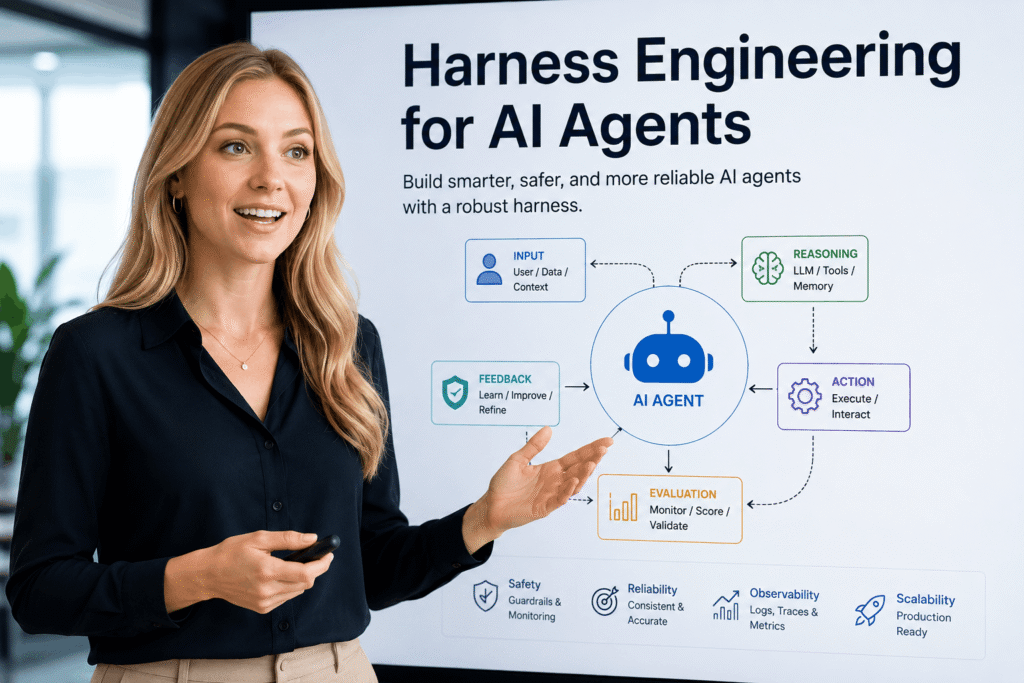 Professional American woman presenting Harness Engineering for AI Agents with a visual diagram showing AI workflow, reasoning, actions, evaluation, feedback loops, safety, observability, and scalable AI systems.