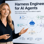 Professional American woman presenting Harness Engineering for AI Agents with a visual diagram showing AI workflow, reasoning, actions, evaluation, feedback loops, safety, observability, and scalable AI systems.