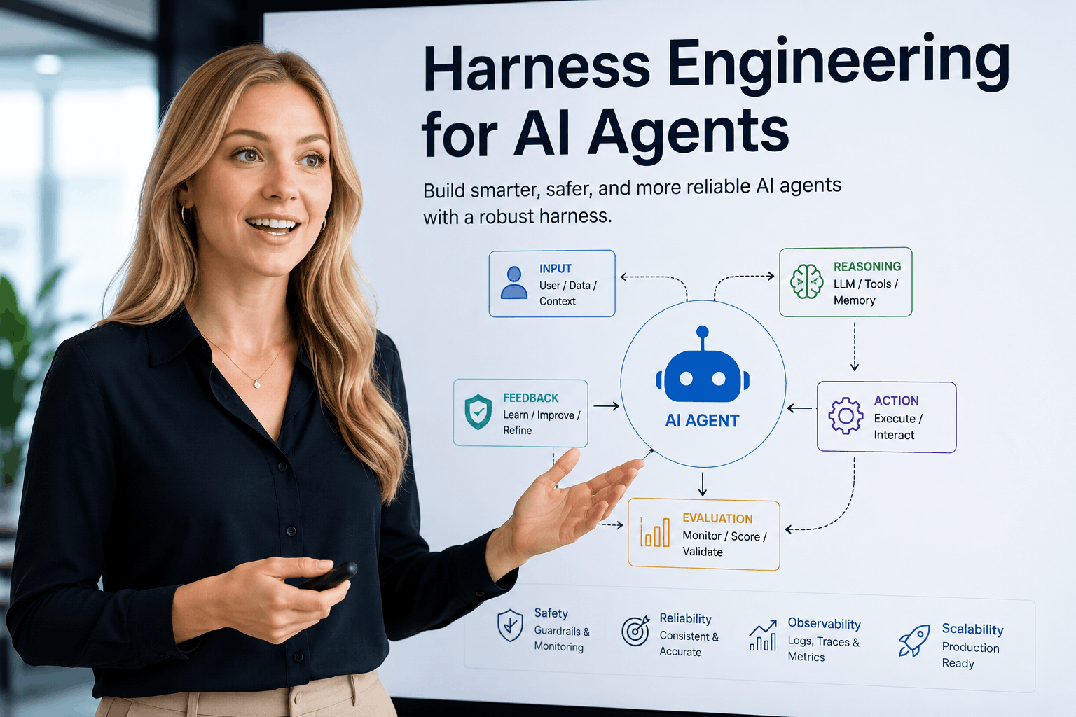 Professional American woman presenting Harness Engineering for AI Agents with a visual diagram showing AI workflow, reasoning, actions, evaluation, feedback loops, safety, observability, and scalable AI systems.