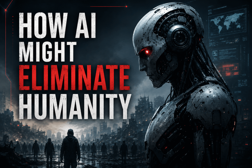 High-quality conceptual illustration showing a large humanoid AI robot overlooking a dystopian city with people in the foreground and the title "How AI Might Eliminate Humanity," representing theoretical AI existential risks and superintelligence.