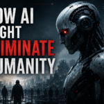 High-quality conceptual illustration showing a large humanoid AI robot overlooking a dystopian city with people in the foreground and the title "How AI Might Eliminate Humanity," representing theoretical AI existential risks and superintelligence.