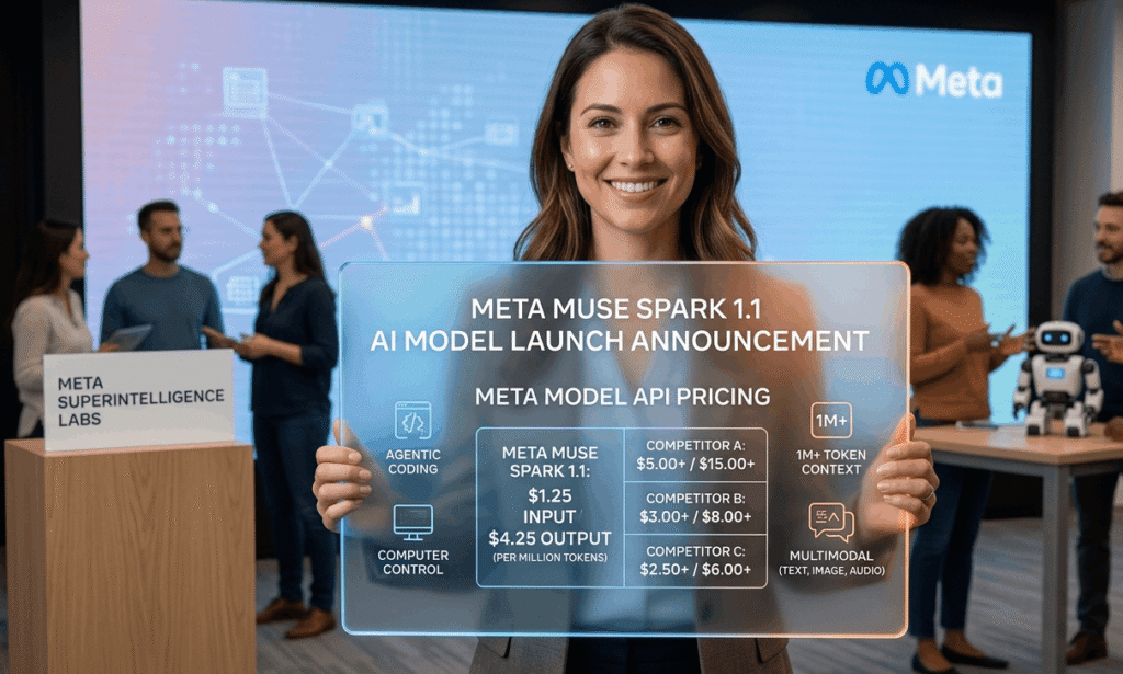 A presenter at Meta Superintelligence Labs holding a transparent digital display that announces the Meta Muse Spark 1.1 AI model launch and competitive API pricing breakdown.