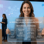 A presenter at Meta Superintelligence Labs holding a transparent digital display that announces the Meta Muse Spark 1.1 AI model launch and competitive API pricing breakdown.