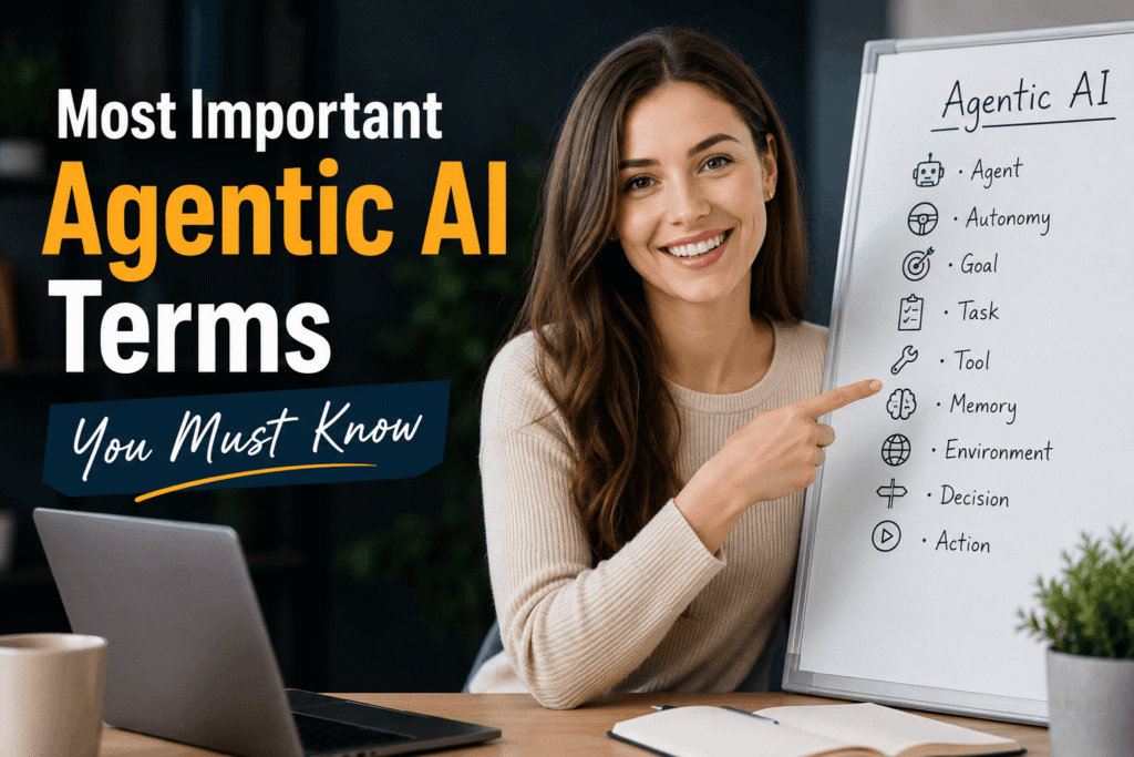 High-quality featured image of a smiling young woman presenting a whiteboard with key Agentic AI concepts, alongside the title "Most Important Agentic AI Terms You Must Know," representing an educational guide to AI agents, autonomy, memory, planning, and decision-making.