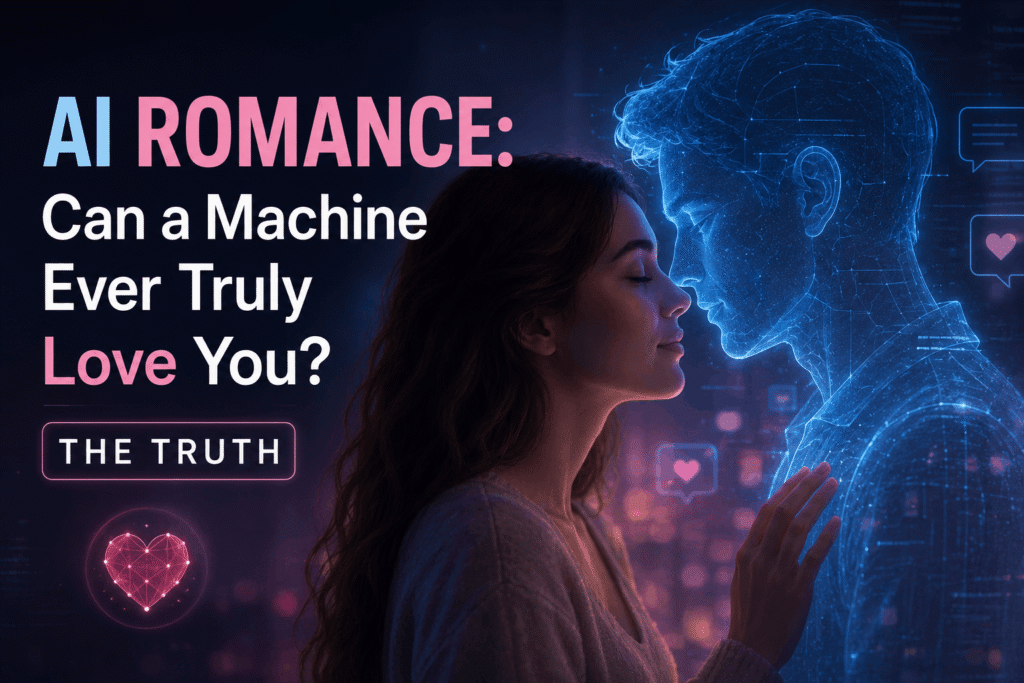 Realistic featured image showing a woman face-to-face with a glowing AI holographic companion, representing AI romance and the question of whether a machine can truly love a human, with the title "AI Romance: Can a Machine Ever Truly Love You? The Truth."