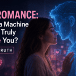 Realistic featured image showing a woman face-to-face with a glowing AI holographic companion, representing AI romance and the question of whether a machine can truly love a human, with the title "AI Romance: Can a Machine Ever Truly Love You? The Truth."