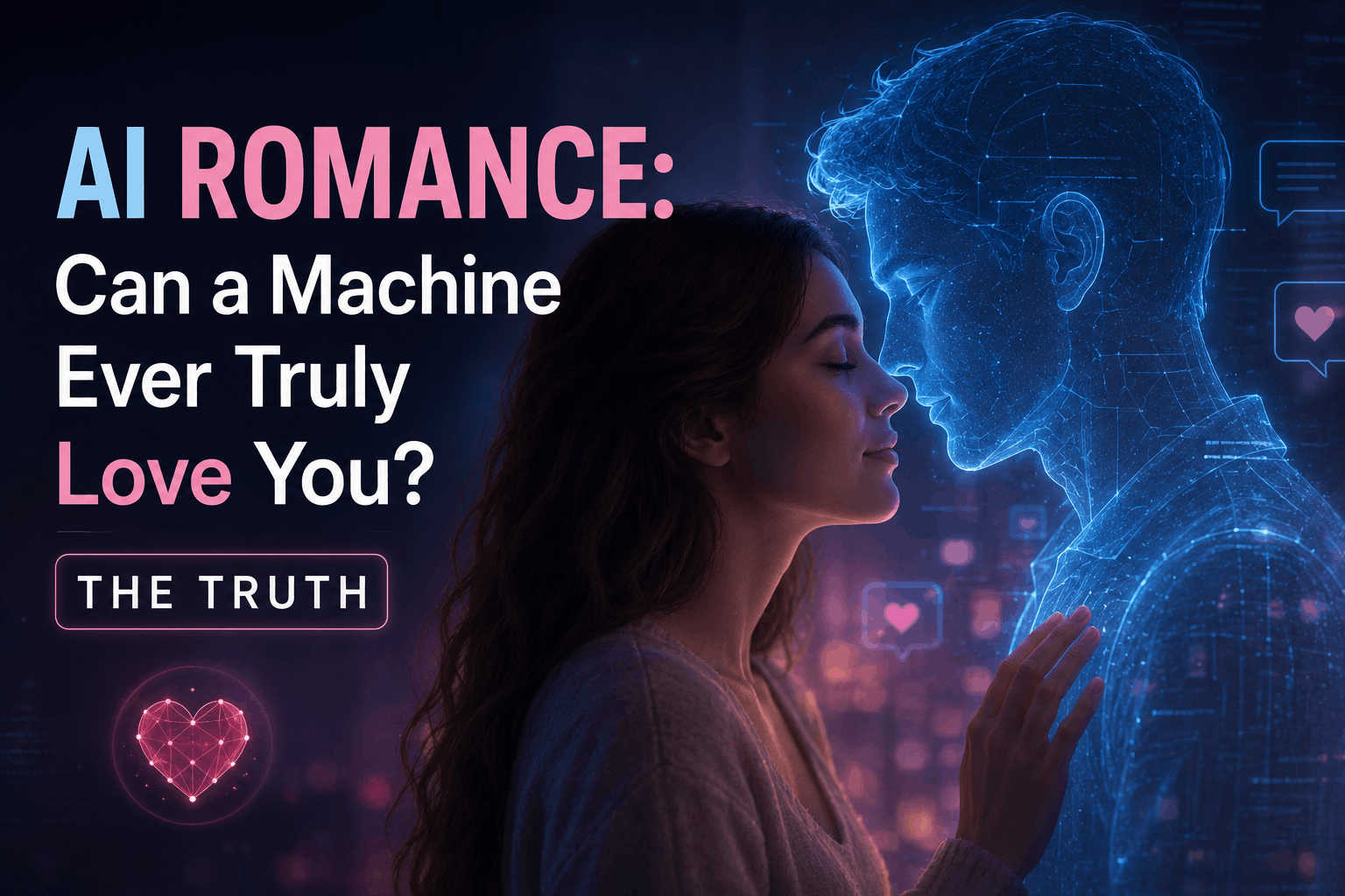 Realistic featured image showing a woman face-to-face with a glowing AI holographic companion, representing AI romance and the question of whether a machine can truly love a human, with the title "AI Romance: Can a Machine Ever Truly Love You? The Truth."