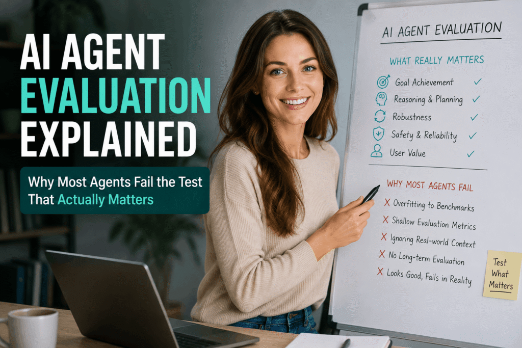 High-quality featured image showing a smiling woman presenting an AI agent evaluation checklist on a whiteboard, with concepts including goal achievement, reasoning, robustness, safety, reliability, and user value, alongside the title “AI Agent Evaluation Explained.”