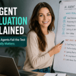 High-quality featured image showing a smiling woman presenting an AI agent evaluation checklist on a whiteboard, with concepts including goal achievement, reasoning, robustness, safety, reliability, and user value, alongside the title “AI Agent Evaluation Explained.”