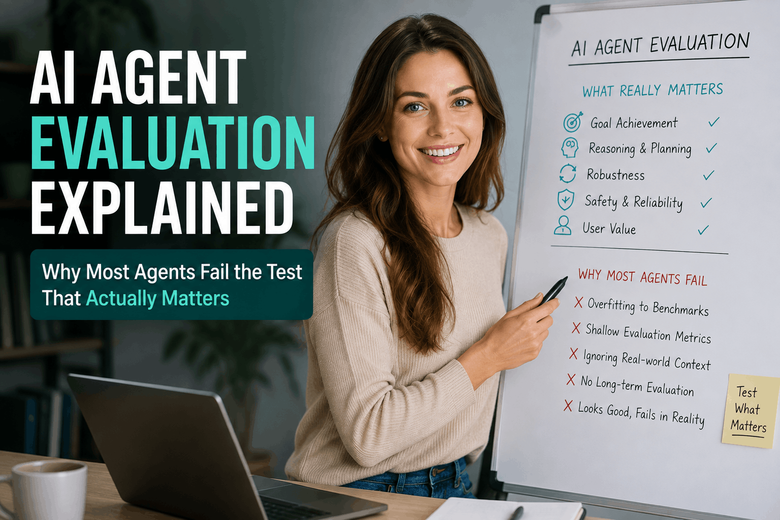 High-quality featured image showing a smiling woman presenting an AI agent evaluation checklist on a whiteboard, with concepts including goal achievement, reasoning, robustness, safety, reliability, and user value, alongside the title “AI Agent Evaluation Explained.”