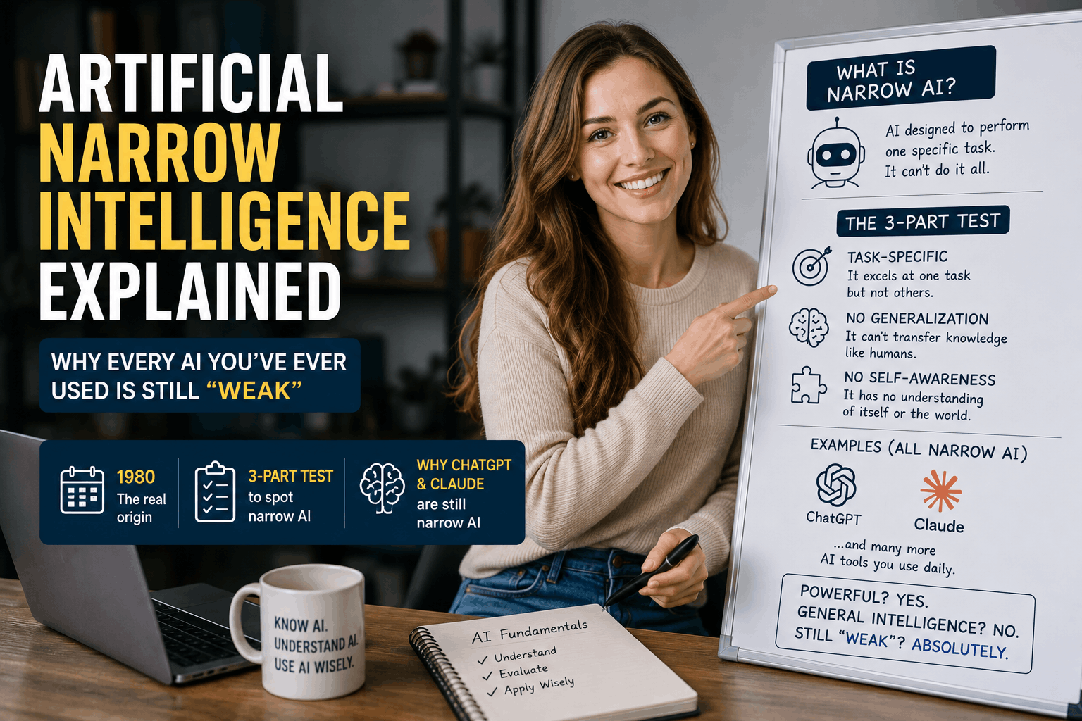 High-quality featured image showing a smiling woman explaining Artificial Narrow Intelligence on a whiteboard, with concepts including the 1980 origins of narrow AI, a three-part test for identifying ANI, and examples such as ChatGPT and Claude.