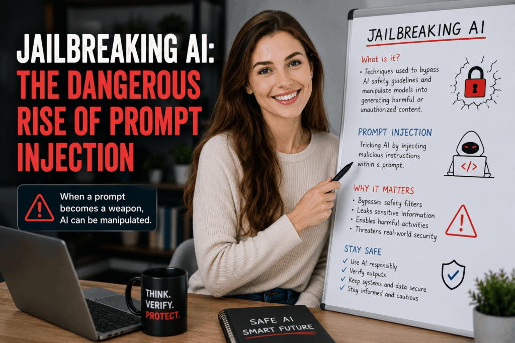 High-quality featured image showing a smiling woman explaining AI jailbreaking and prompt injection on a whiteboard, with security warnings illustrating malicious instructions, AI safety bypasses, sensitive data exposure, and potential security threats.