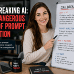 High-quality featured image showing a smiling woman explaining AI jailbreaking and prompt injection on a whiteboard, with security warnings illustrating malicious instructions, AI safety bypasses, sensitive data exposure, and potential security threats.