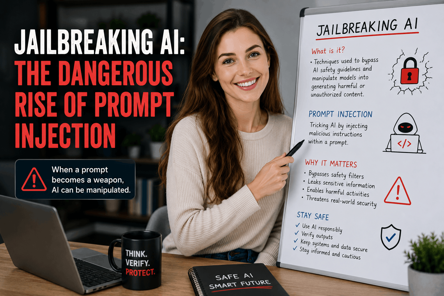 High-quality featured image showing a smiling woman explaining AI jailbreaking and prompt injection on a whiteboard, with security warnings illustrating malicious instructions, AI safety bypasses, sensitive data exposure, and potential security threats.