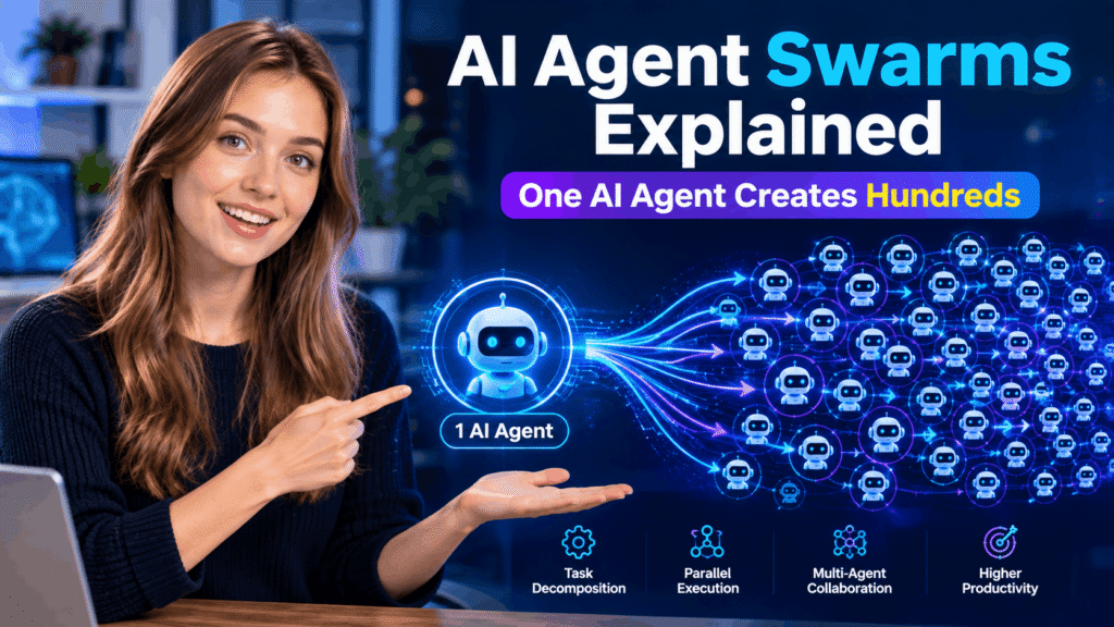 Young woman explaining AI agent swarms as one AI agent expands into hundreds of interconnected AI agents