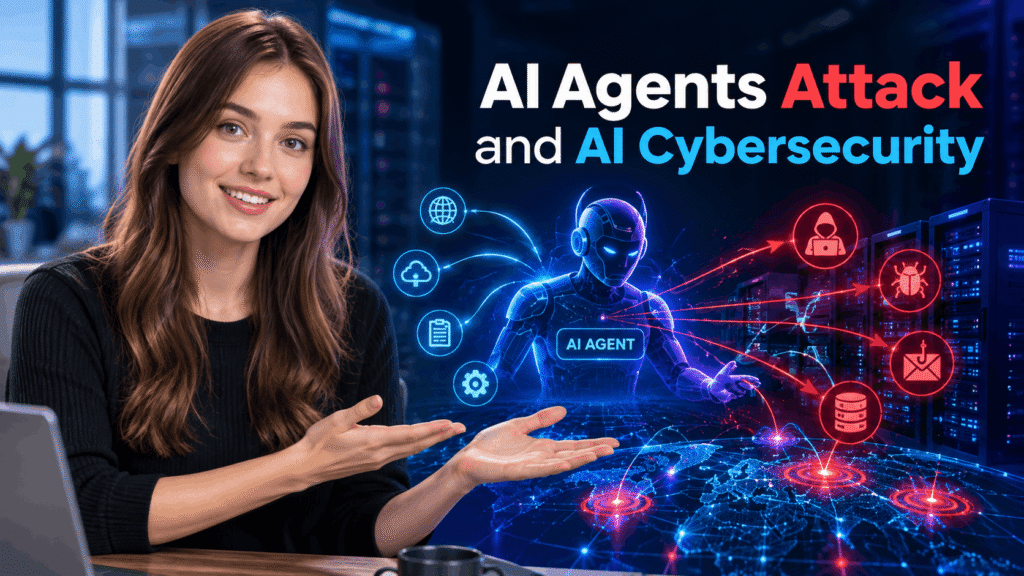 Young woman explaining AI agents and cybersecurity with a digital AI agent targeting servers and networks