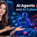 Young woman explaining AI agents and cybersecurity with a digital AI agent targeting servers and networks