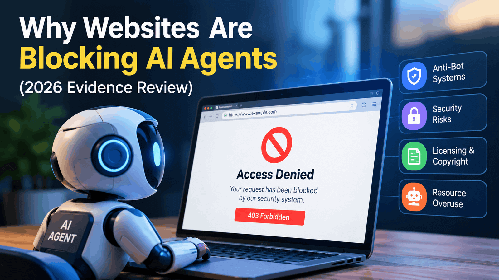 AI agent facing an access denied message on a laptop, illustrating why websites block autonomous AI agents.